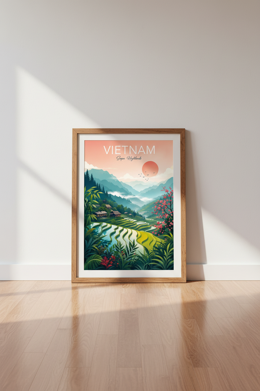 Vietnam Sapa Highlands Wall Art Print | Travel Poster Nature Decor | Pastel Landscape Art