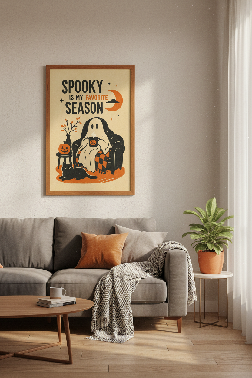 Spooky Season Ghost Wall Art | Retro Halloween Poster | Cozy Autumn Decor