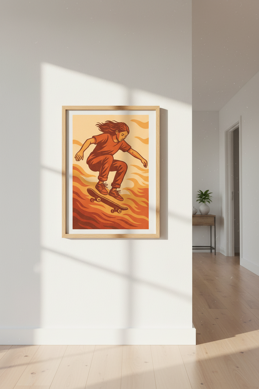 Retro Skater Girl Wall Art Print | Teen Room Decor | Aesthetic Framed Poster | Skateboard Art Ready to Hang