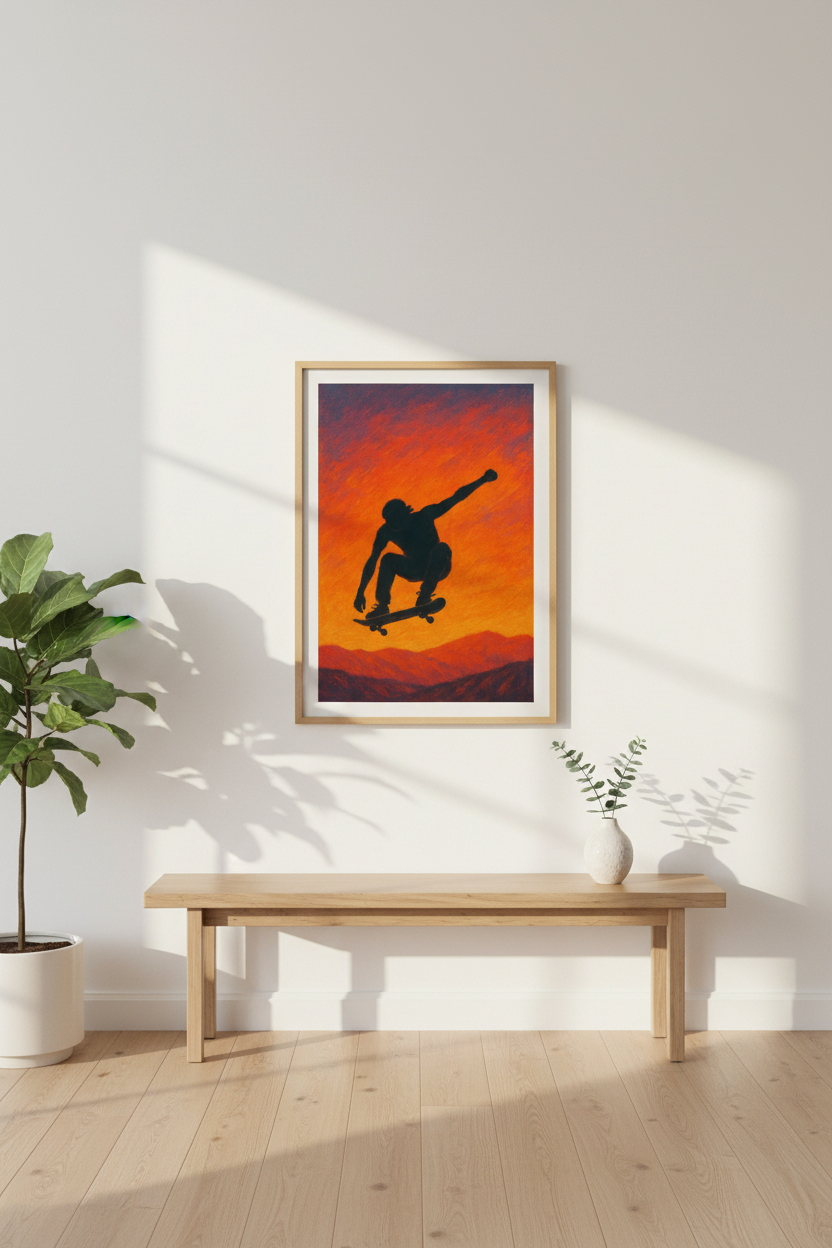 Abstract Skater Wall Art Print | Teen Room Decor | Sunset Aesthetic Framed Poster | Skateboarder Gift | Ready to Hang Art