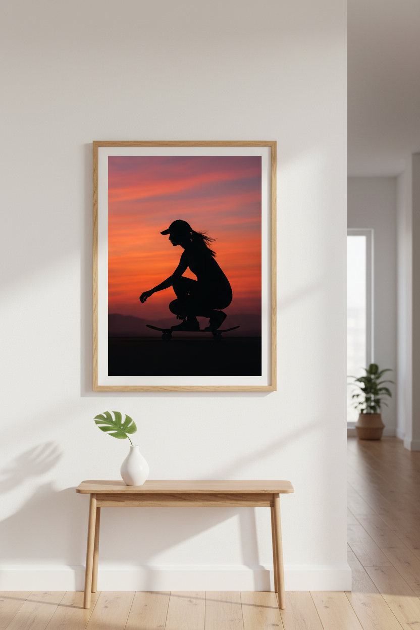 Silhouette Skater Sunset Framed Wall Art | Teen Room Decor | Aesthetic Skateboard Poster | Ready to Hang Framed Print Art