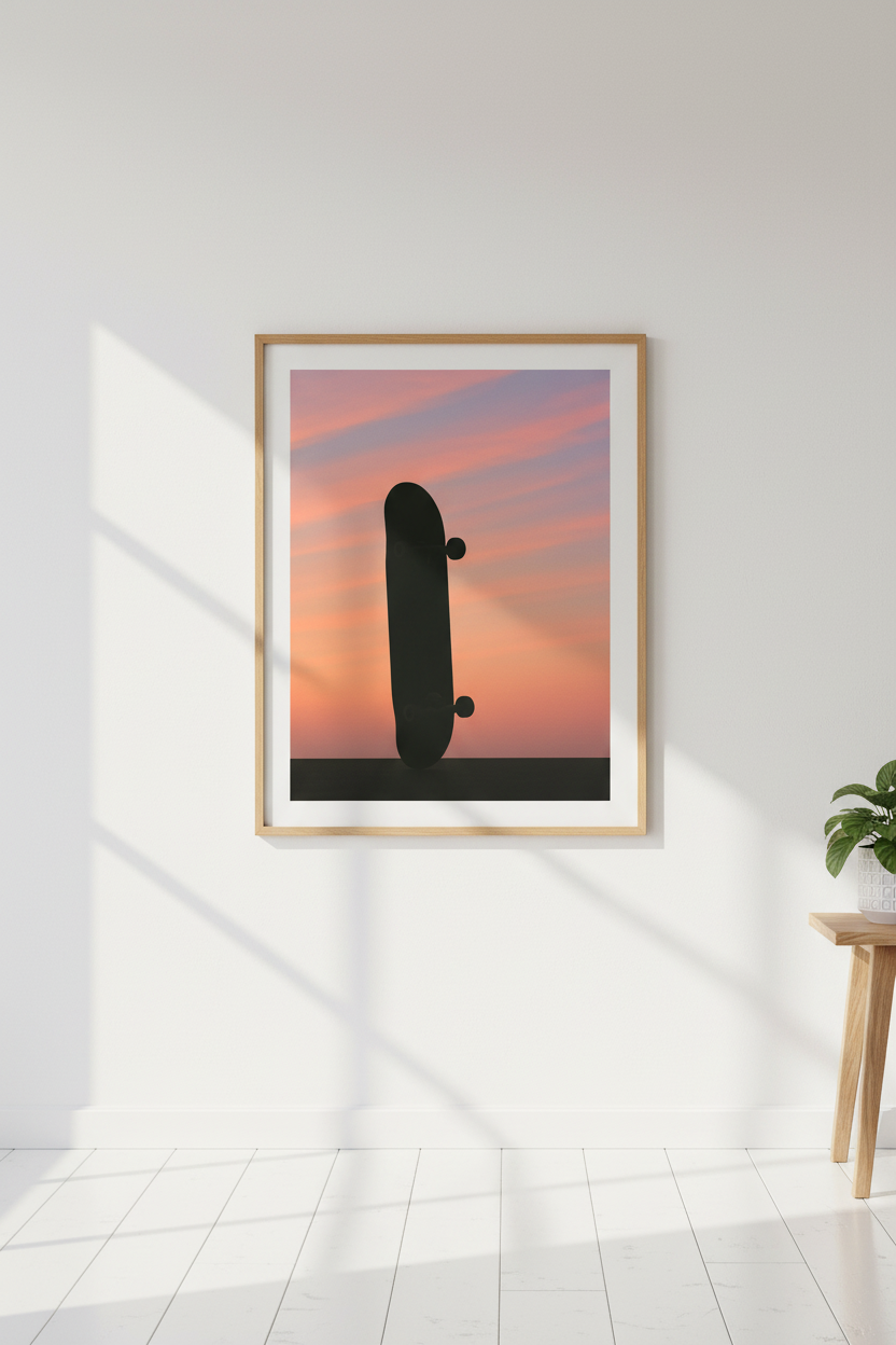 Minimalist Skateboard Wall Art Print | Teen Room Decor | Sunset Aesthetic Framed Poster | Ready To Hang Wall Art