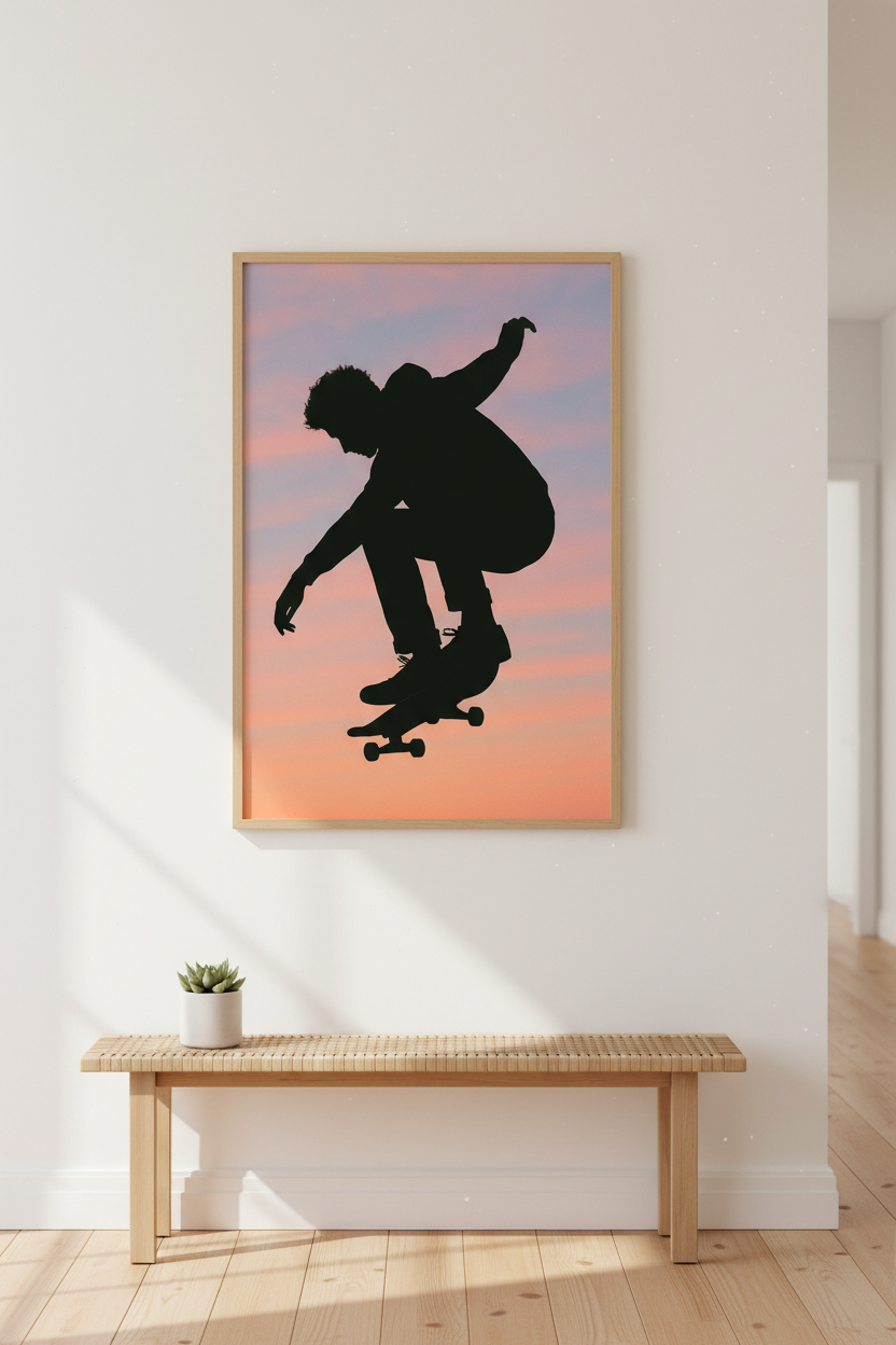 Minimalist Skater Wall Art Print | Teen Room Decor | Aesthetic Skateboard Poster | Framed Modern Sport Art