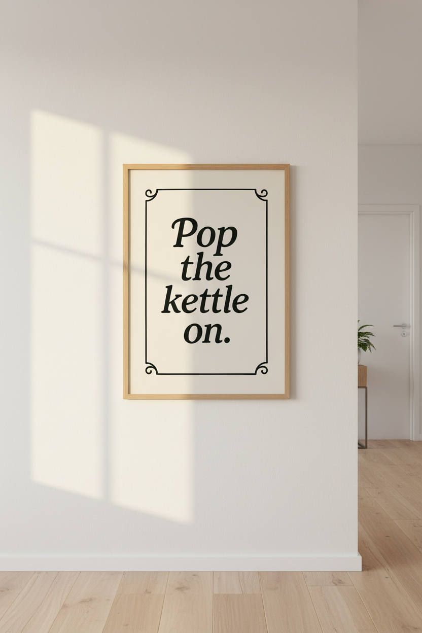Minimalist Typography Framed Wall Art | Kitchen Decor | Cozy Quote Poster | "Pop the kettle on." Ready to Hang Art Print