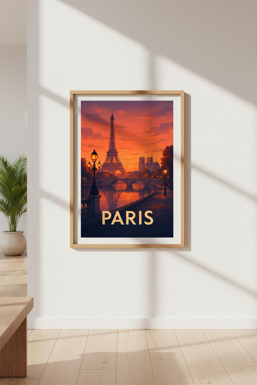 Vibrant Paris Cityscape Framed Wall Art | Eiffel Tower Sunset Decor | Travel Aesthetic Poster | Ready to Hang cityscape