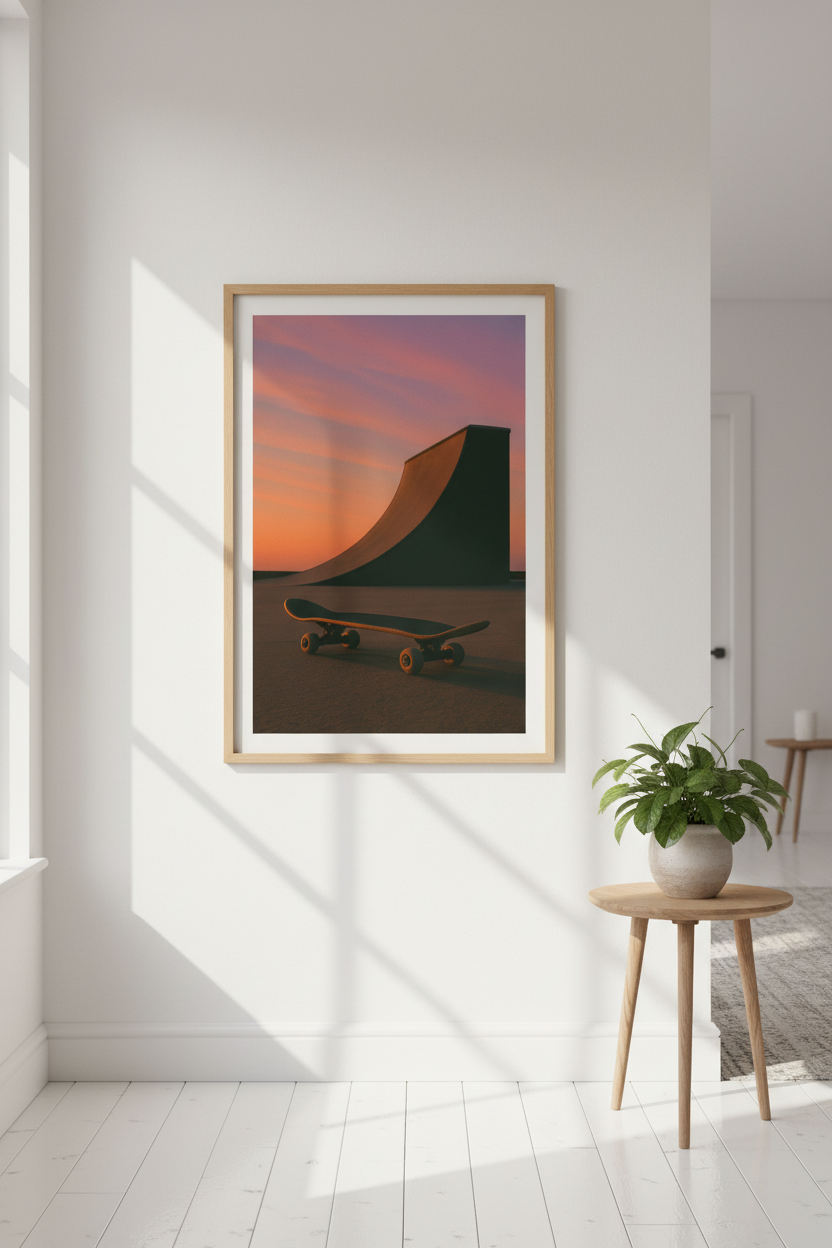 Minimalist Skateboard Wall Art Print | Teen Room Decor | Aesthetic Sunset Framed Poster | Skater Ready to Hang Art