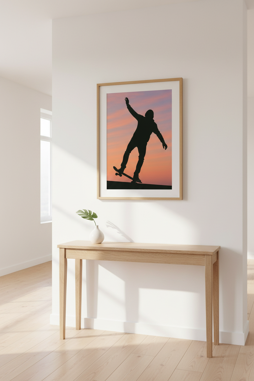 Skater Silhouette Framed Wall Art Print | Teen Bedroom Decor | Sunset Aesthetic Poster | Framed Skateboarding Art Gift