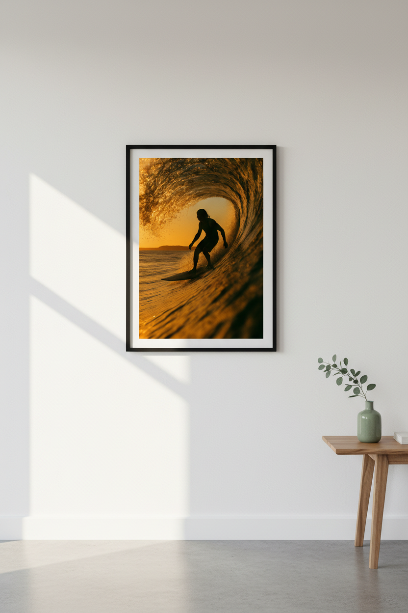 Golden Hour Surfer Wall Art Print | Ocean Wave Beach Decor | Aesthetic Surf Rider Poster | Sunset Coastal Home Art | Adventure Gift