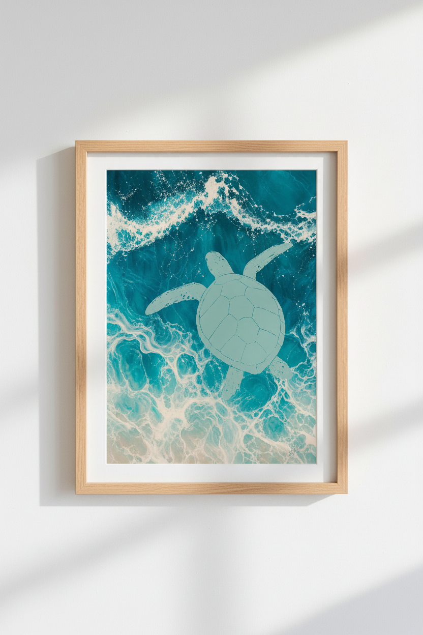 Sea Turtle Wall Art Print | Coastal Bathroom Decor | Turquoise Ocean Poster