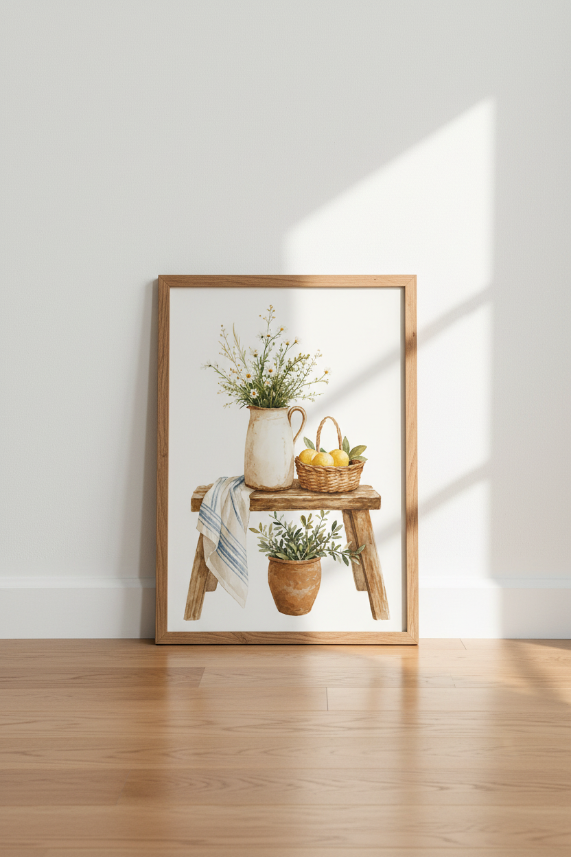 Rustic Still Life Watercolor | Daisies and Lemons Farmhouse Print, Kitchen Wall Decor