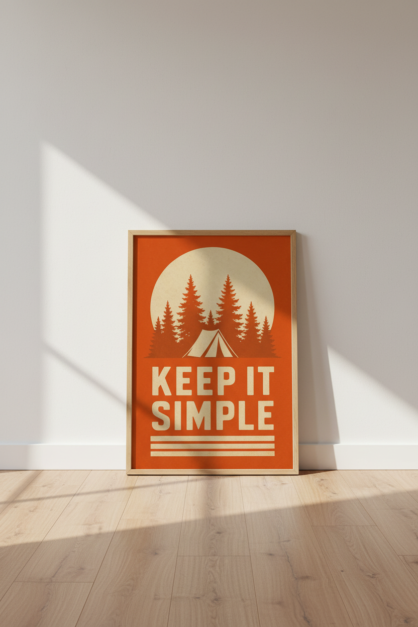 Keep It Simple Camping Wall Art Print | Retro Nature Decor | Orange Cabin Poster