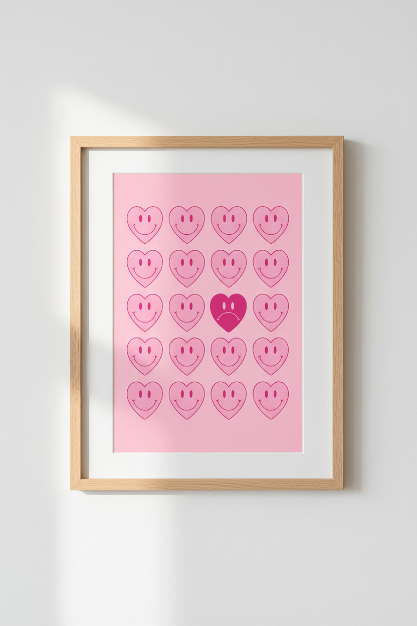 Preppy Pink Wall Art Print | Smiley Face Heart Poster | Trendy Y2K Dorm Decor