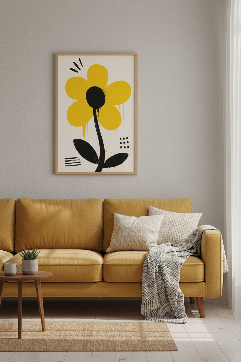Abstract Yellow Flower Wall Art | Graffiti Style Floral, Modern Living Room Decor