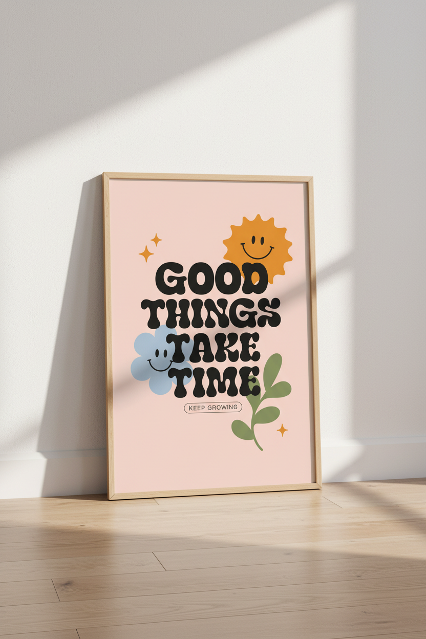 Good Things Take Time Wall Art | Retro Pink 70s Poster | Groovy Dorm Decor