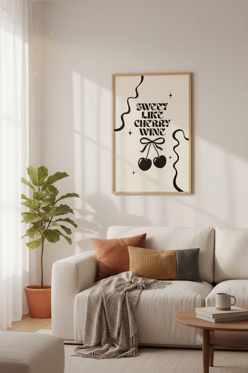 Sweet Like Cherry Wine Wall Art | Retro Cream & Black Poster | Trendy Kitchen Decor
