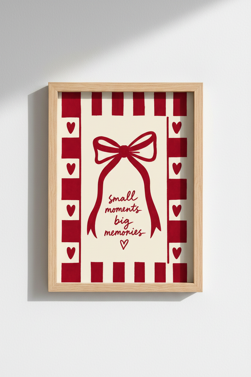Minimalist Gift Bow Wall Art Print | Living Room Decor | Red Cream Poster