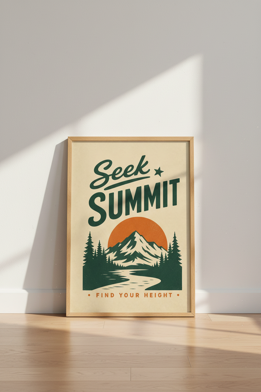 Seek Summit Mountain Wall Art | Retro Outdoor Poster, Adventure Decor