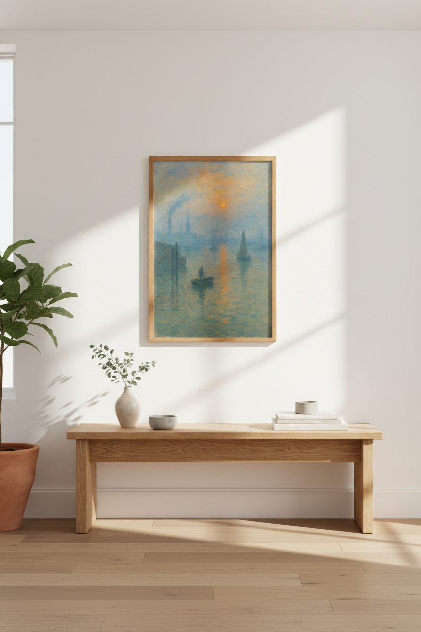 sunset harbor art | Impressionist blues & orange glow, living room decor