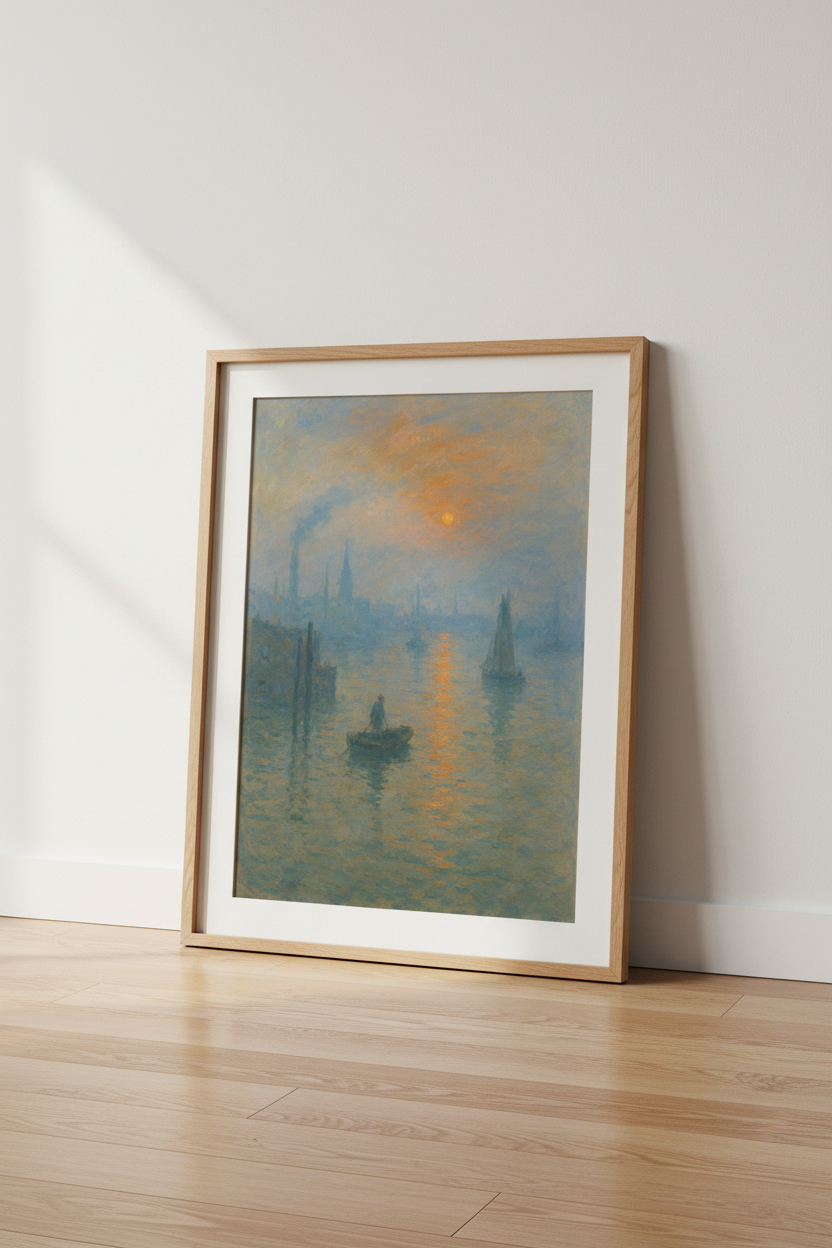 sunset harbor art | Impressionist blues & orange glow, living room decor