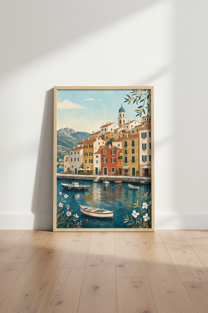 Mediterranean Coastal Village Wall Art | Italy Seaside Poster, Living Room Decor