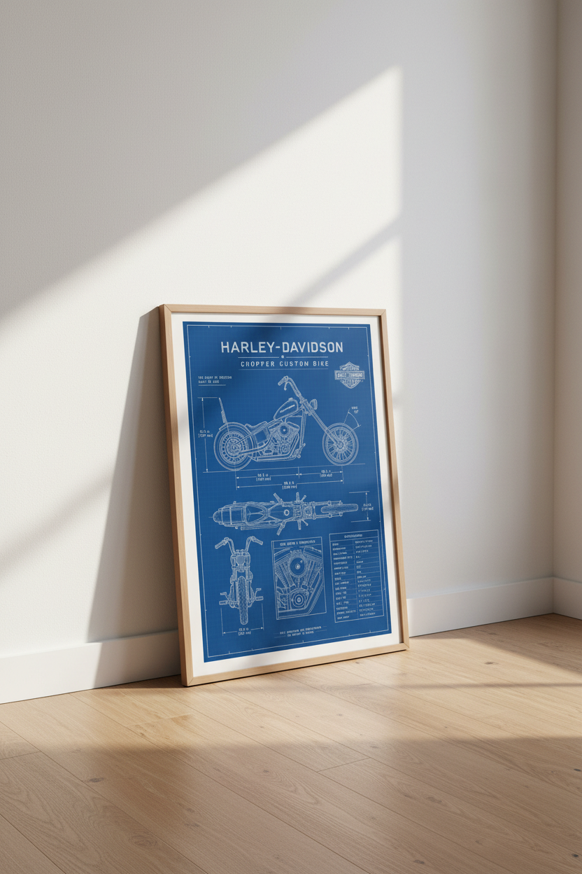 Harley-Davidson Blueprint Wall Art | Blue Garage Decor | Custom Chopper Poster