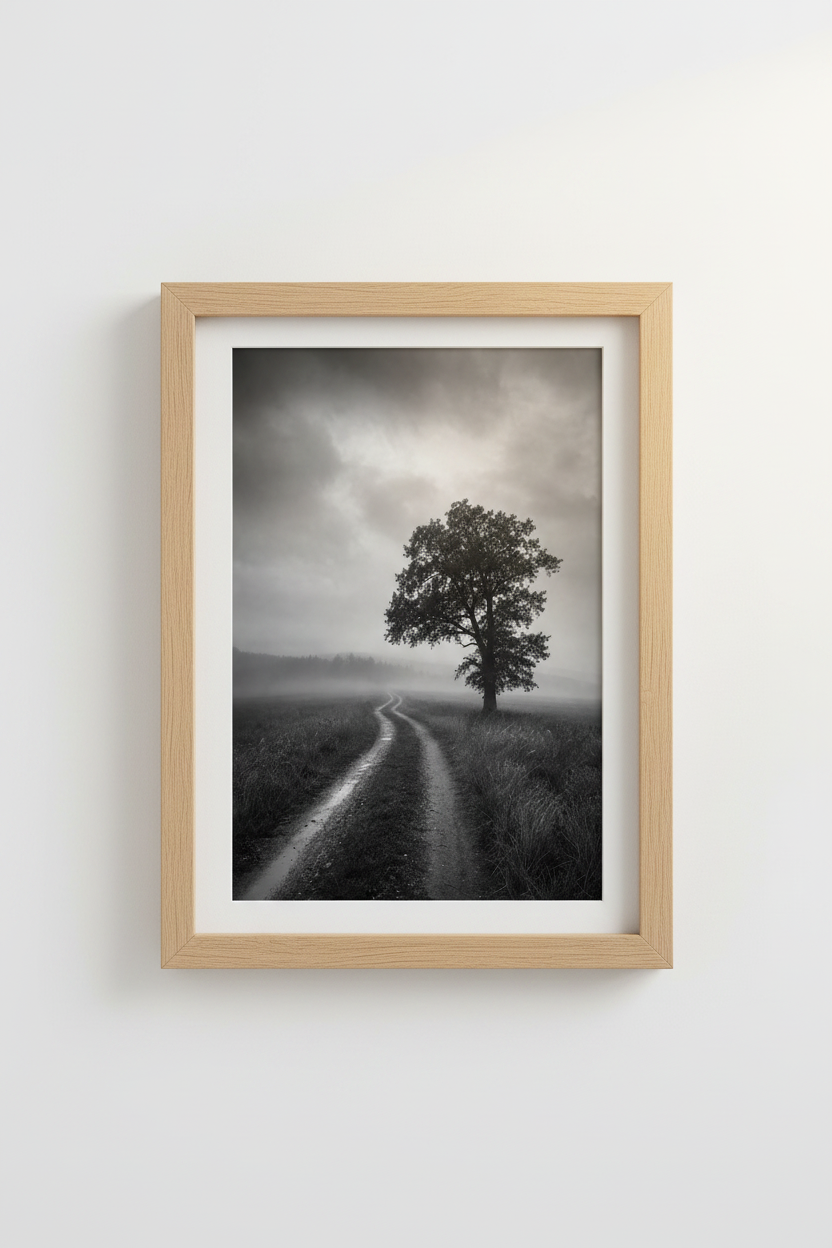 Moody Nature Wall Art Print | Black and White Foggy Tree Decor | Moody Desktop Poster
