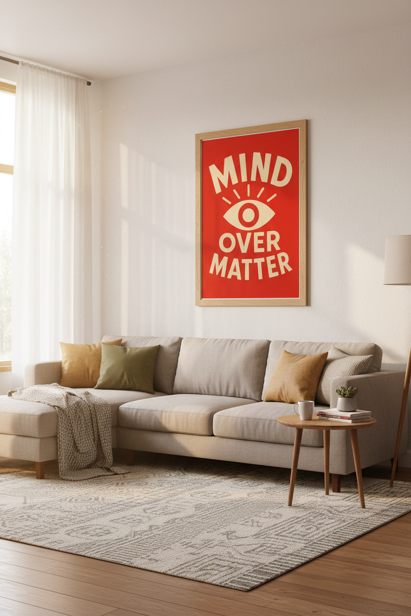 Mind Over Matter Wall Art Print | Red Retro Typography | Motivational Aesthetic Poster