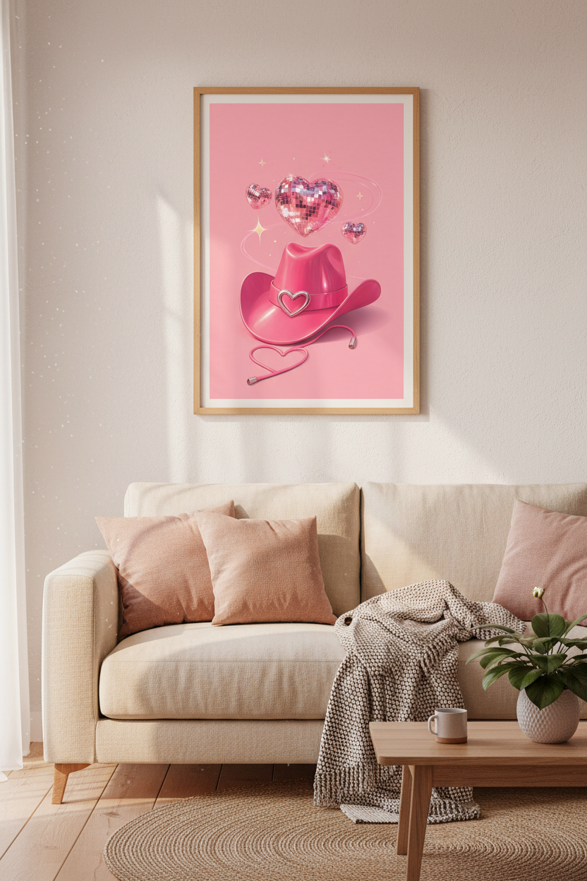 Pink Disco Cowboy Hat Wall Art | Preppy Aesthetic Poster, Dorm Room Decor