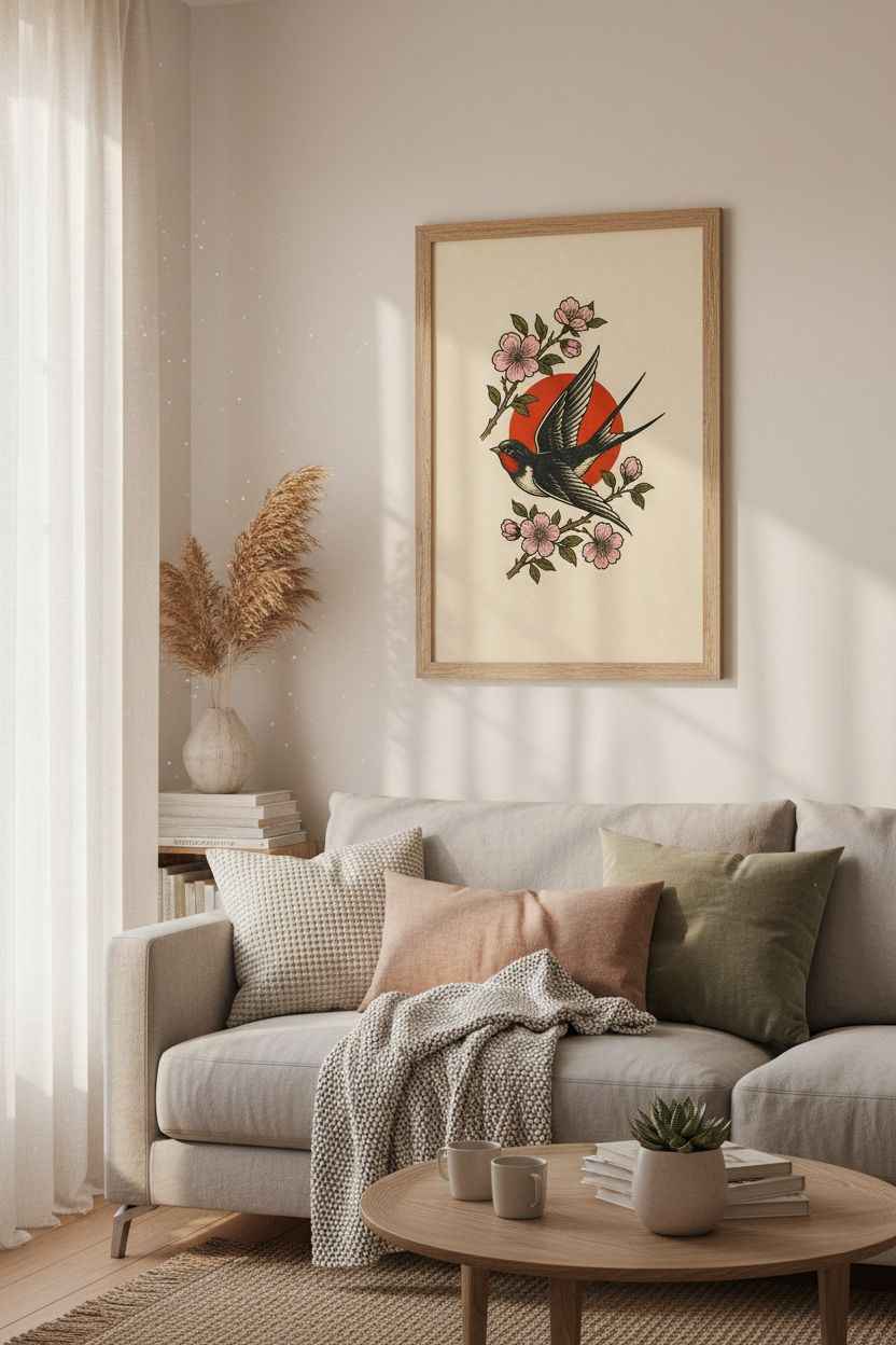Swallow & Cherry Blossom Wall Art | Japanese Tattoo Style, Red Sun Decor Print