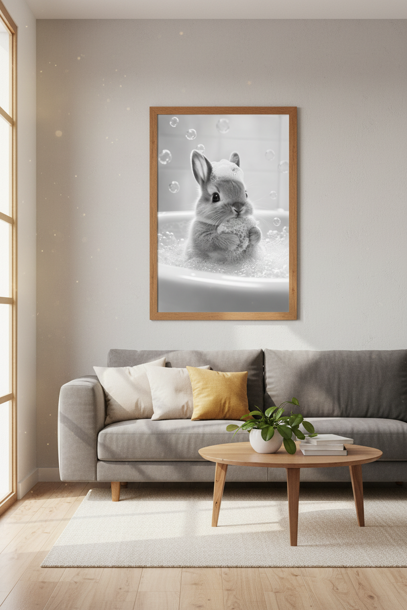 Bunny in Bathtub Wall Art | Black and White Nursery Decor | Minimalist Poster