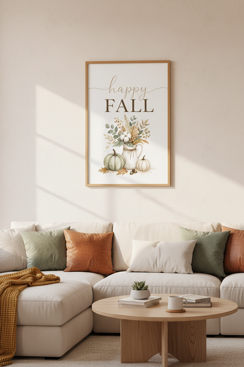 Happy Fall Pumpkins Watercolor Wall Art | Muted Sage & Cream, Modern Farmhouse Decor