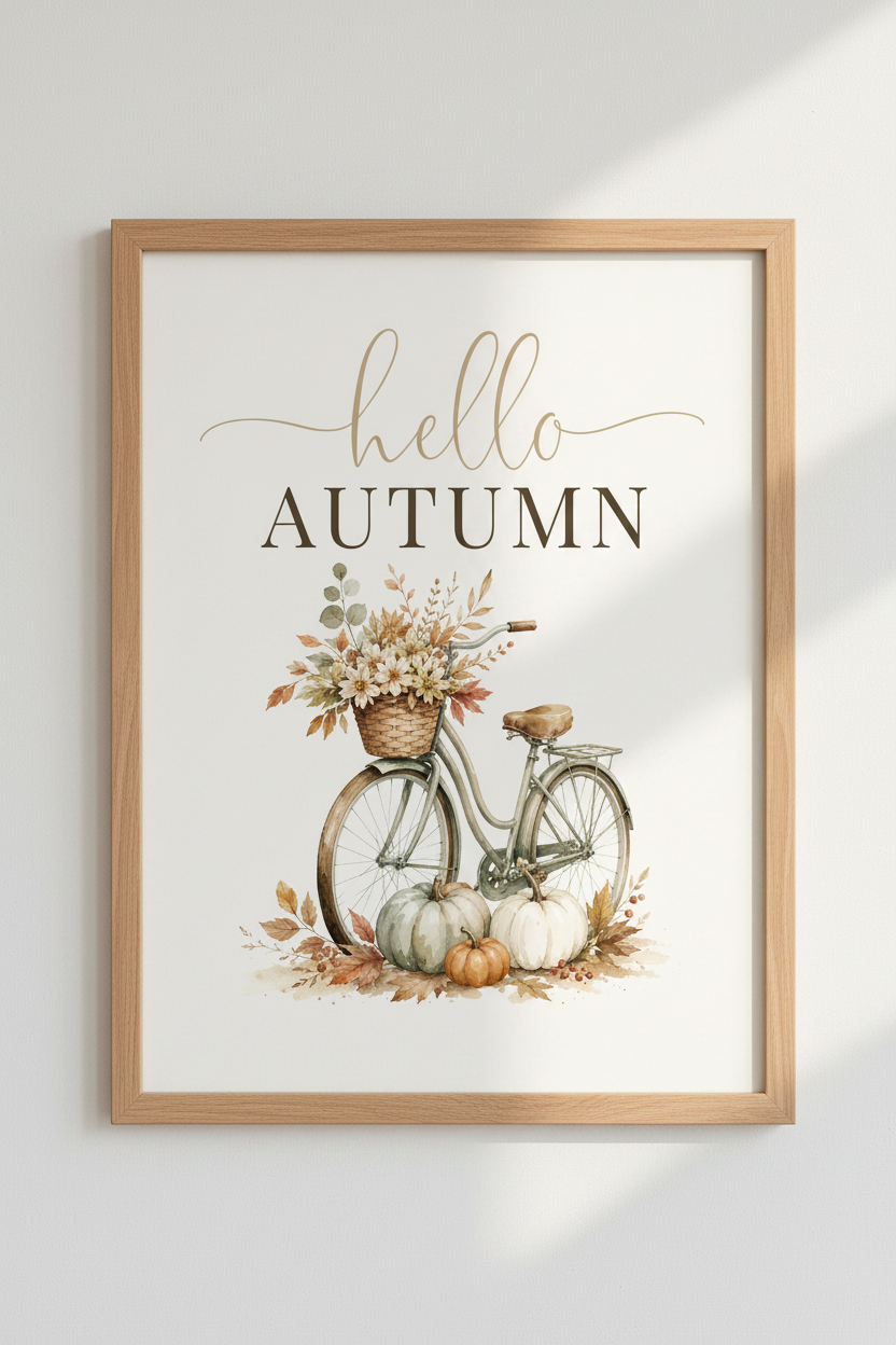 Hello Autumn Bicycle Wall Art | Fall Pumpkin Decor, Watercolor Farmhouse Poster
