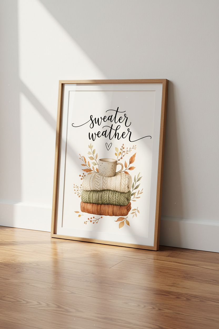 Sweater Weather Wall Art | Cozy Autumn Watercolor Print | Fall Home Decor Poster