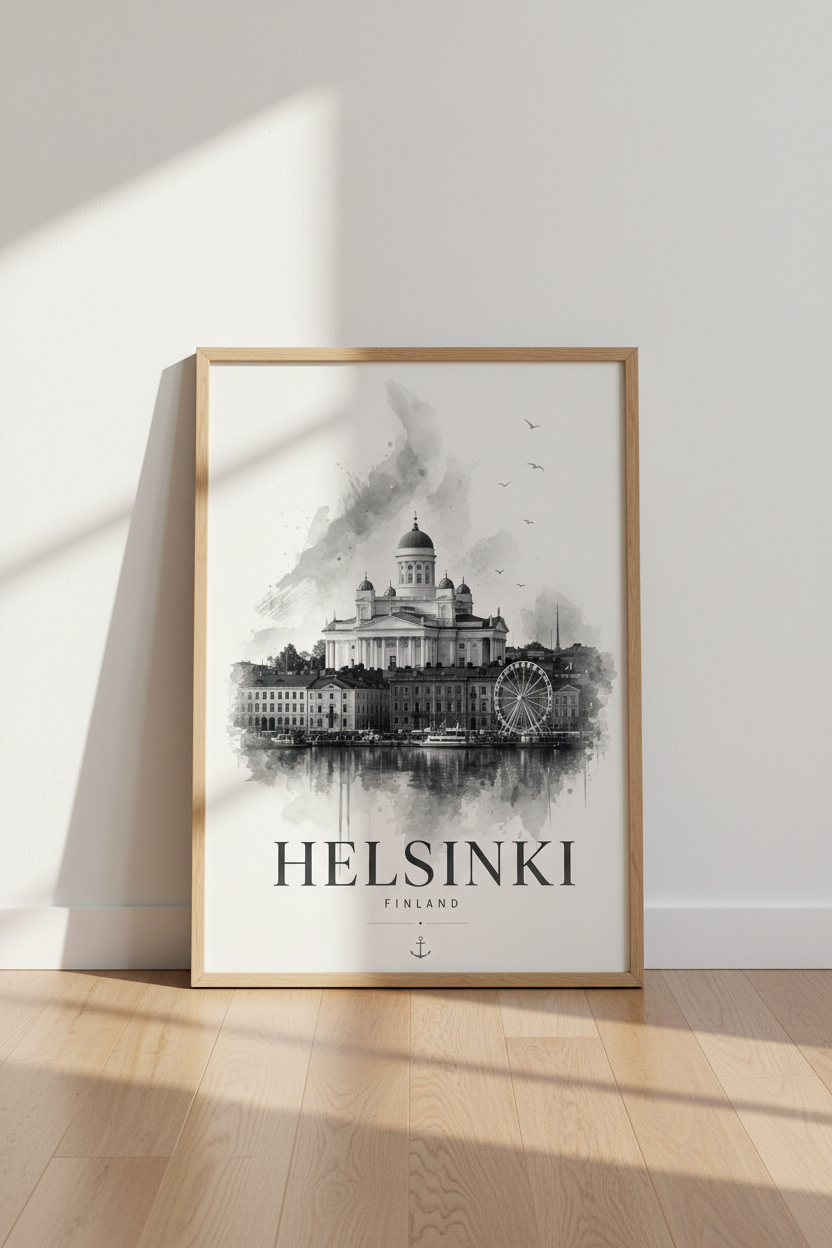 Helsinki Finland Print | Black & White Watercolor Travel Poster, Minimalist Wall Art