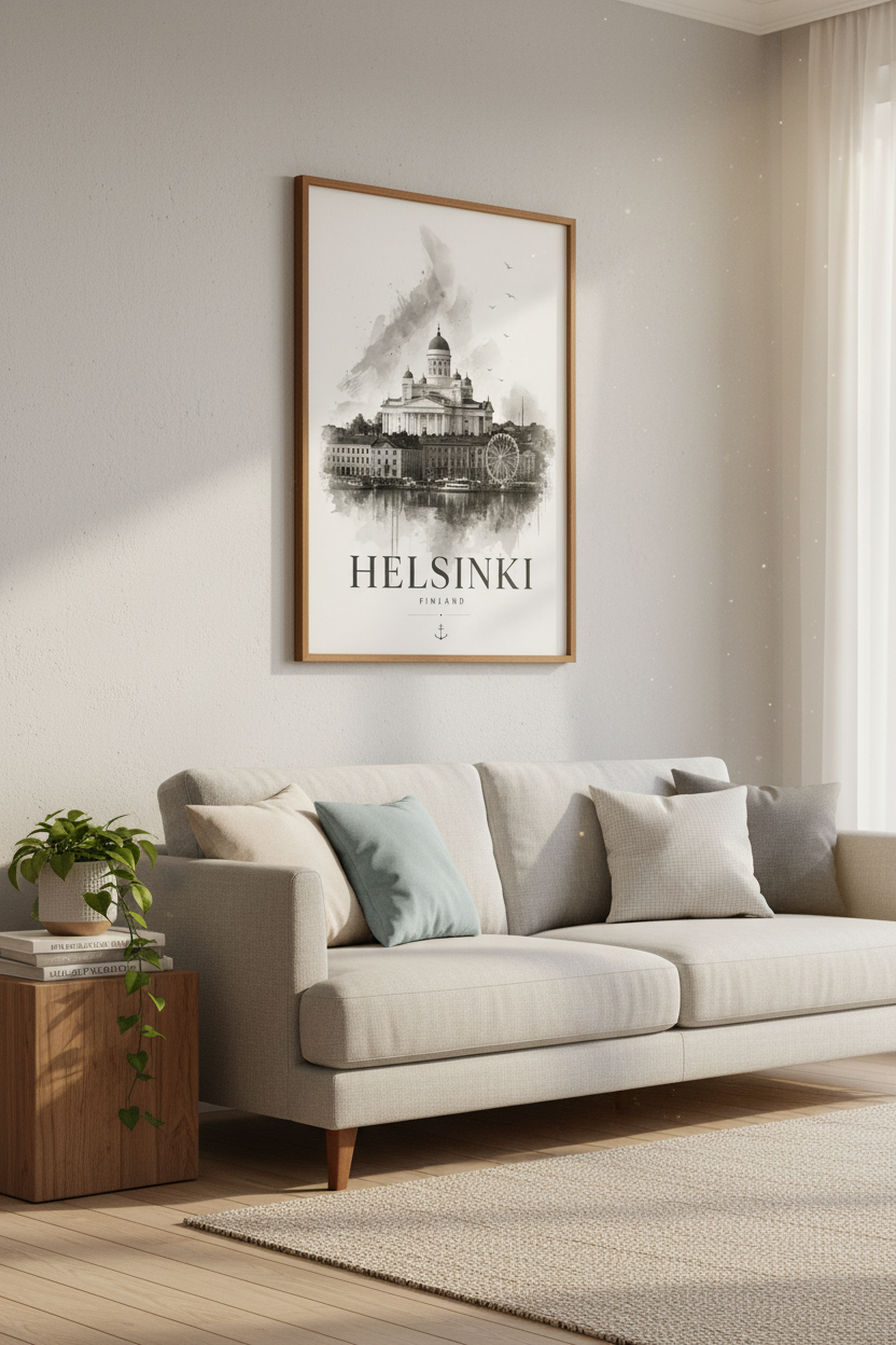 Helsinki Finland Print | Black & White Watercolor Travel Poster, Minimalist Wall Art