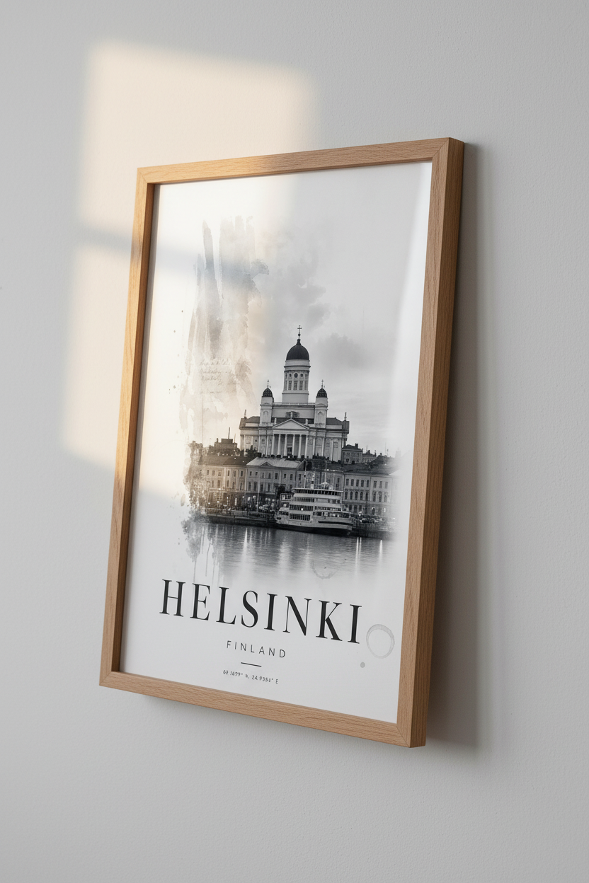 Helsinki Cathedral | Black & White Watercolor Travel Poster, Finland Home Decor