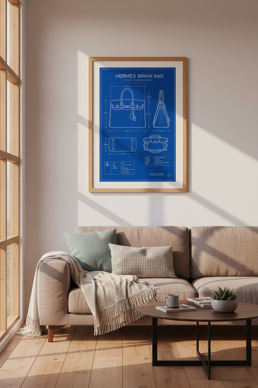Birkin Bag Blueprint Wall Art | Luxury Fashion Poster, Minimalist Closet Decor
