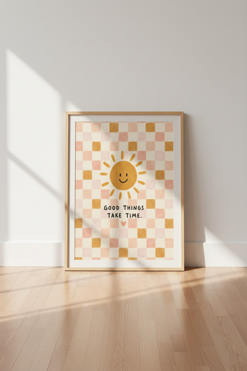 Smiling Sun Quote | Retro Pink Checkered, Nursery & Bedroom Decor Poster