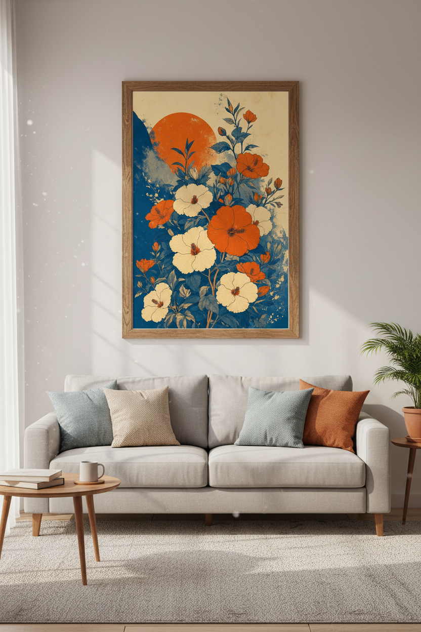 Japanese Hibiscus Wall Art | Orange & Navy Botanical Print, Living Room Decor