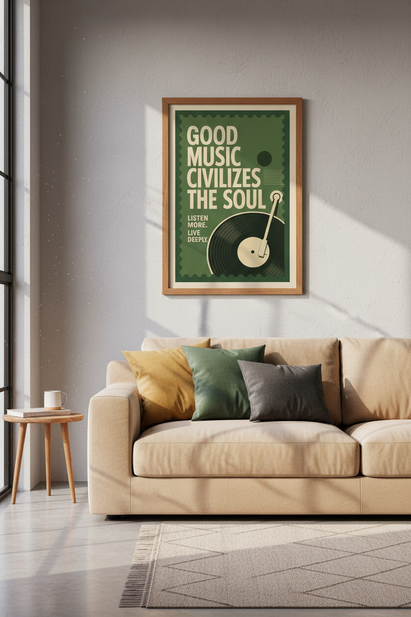 Retro Music Quote Wall Art Print | Sage Green Vinyl Record Decor | Mid Century Poster