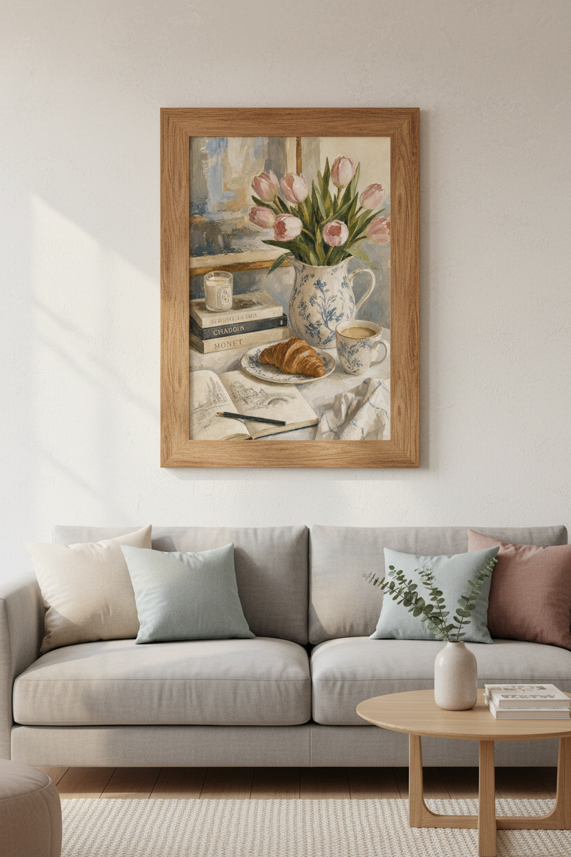 French Still Life Pink Tulips Wall Art | Chinoiserie Poster, Blue & White Decor