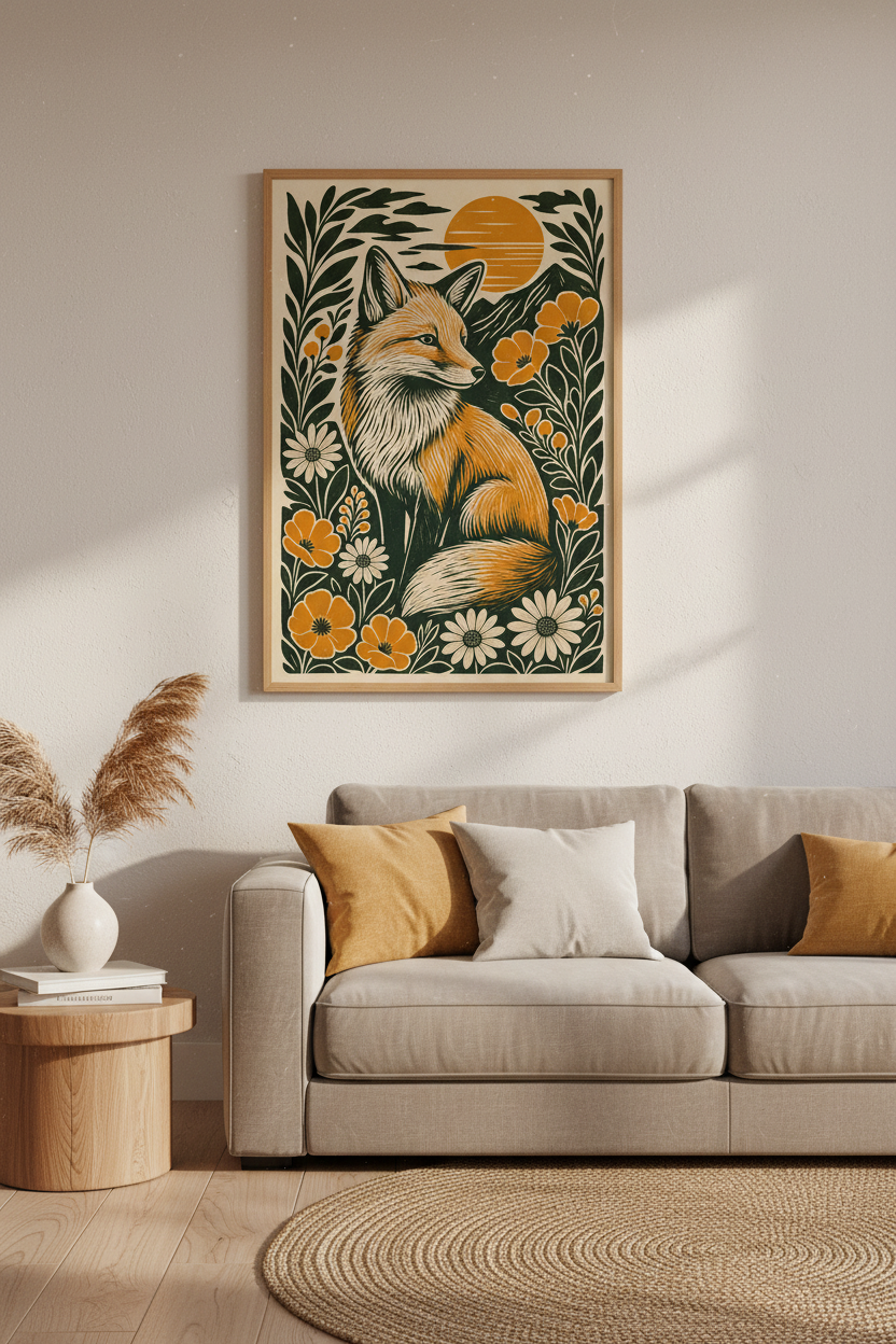 Fox Woodcut Wall Art | Rustic Botanical Forest Poster, Modern Boho Decor