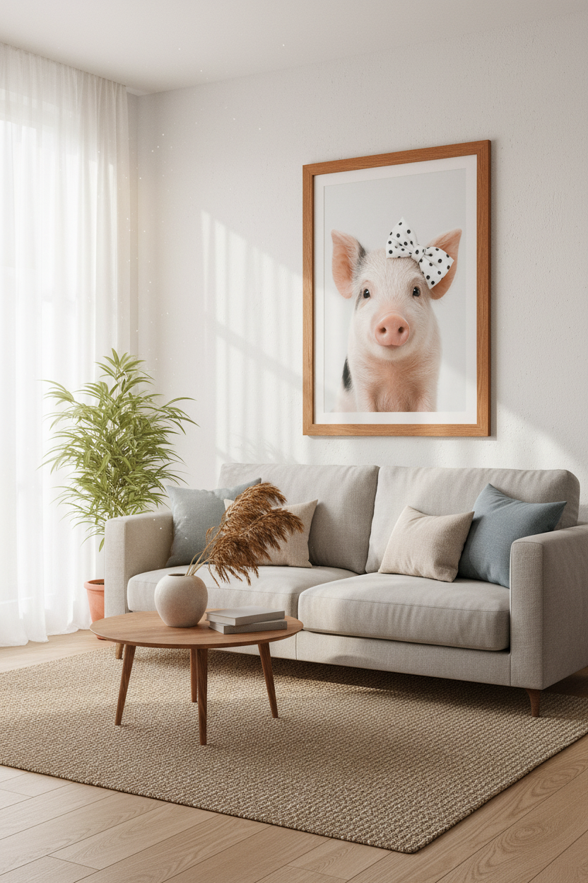 Baby Pig with Bow Wall Art | Farmhouse Nursery Decor | Cute Animal Poster