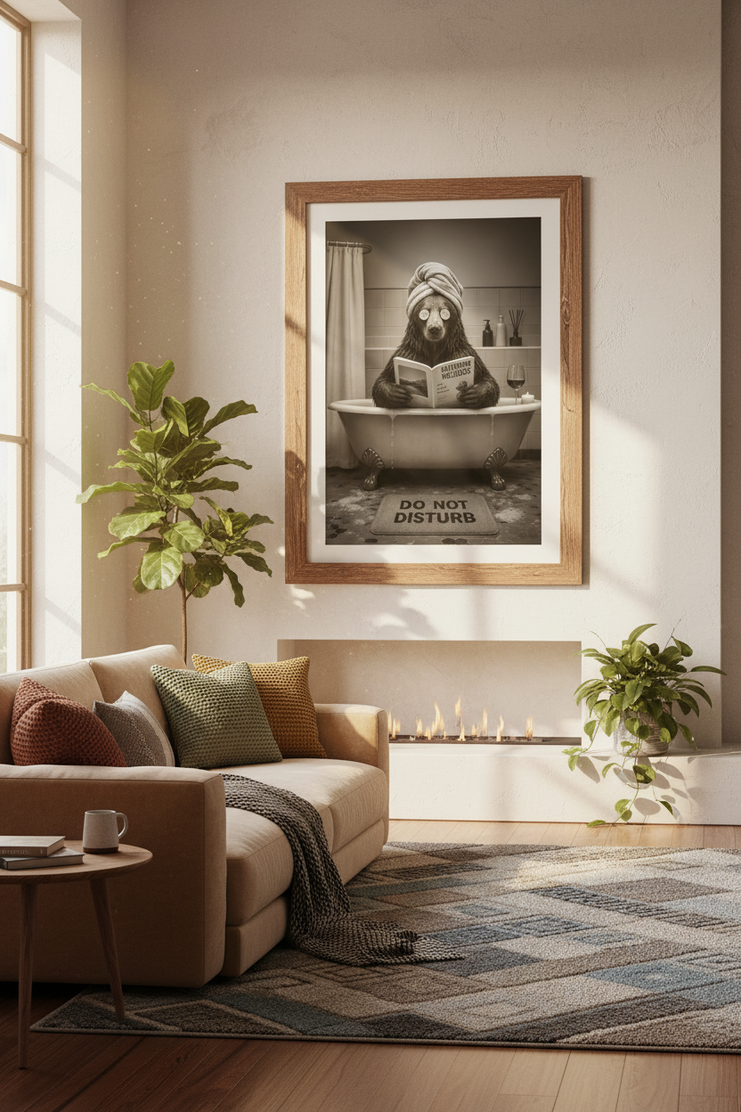 Bear in Bathtub Wall Art | Funny Bathroom Decor | Black and White Poster