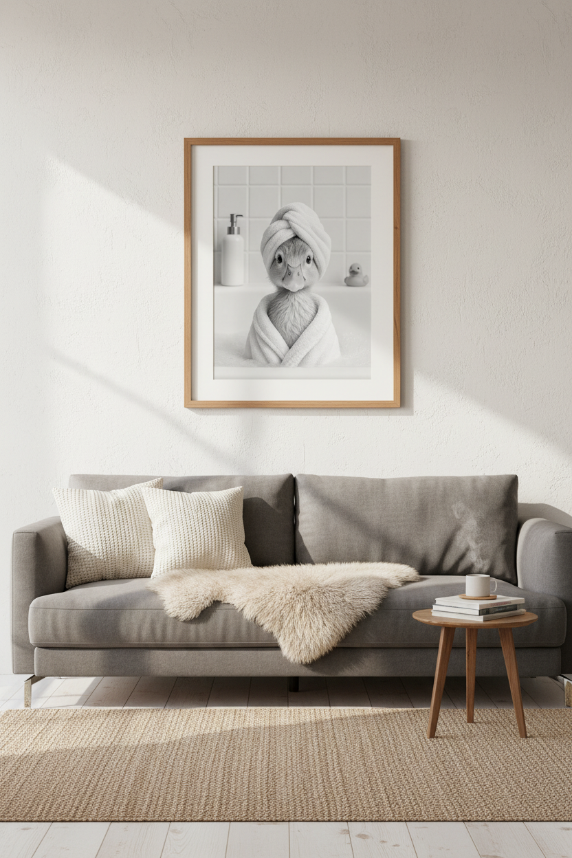 Duckling in a Towel Wall Art Print | Bathroom Decor | Funny Black and White Poster