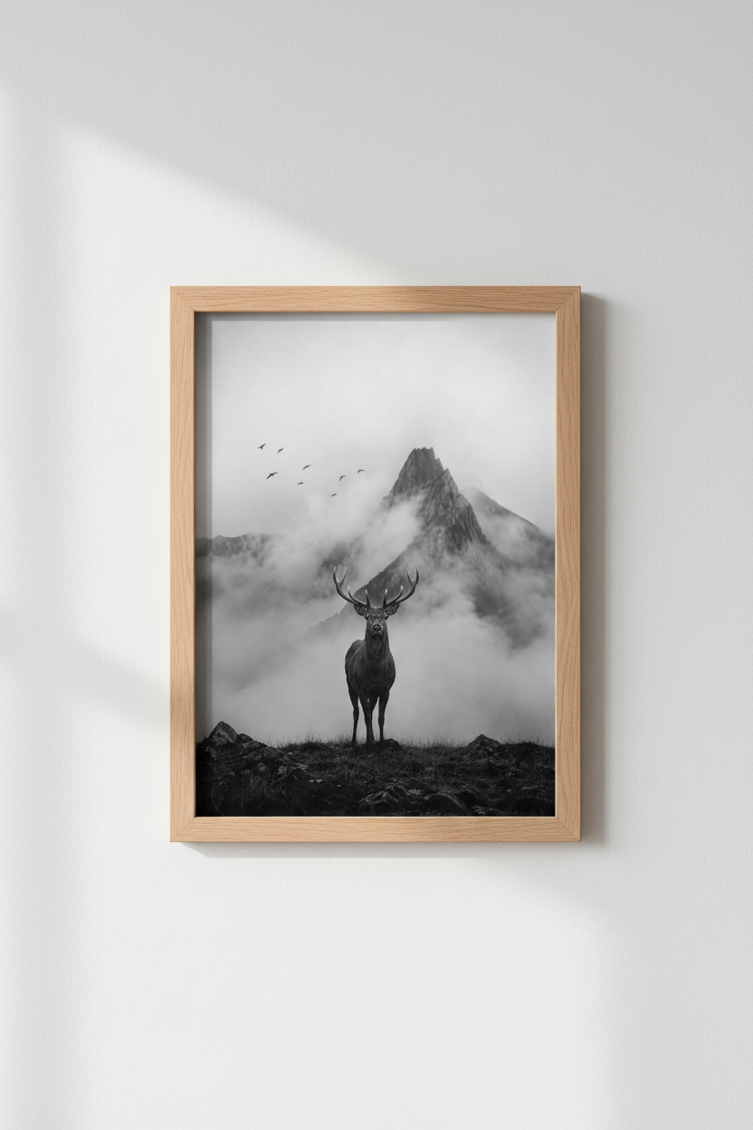 Nature Deer Wall Art Print | Black and White Mountain Poster, Cabin Decor