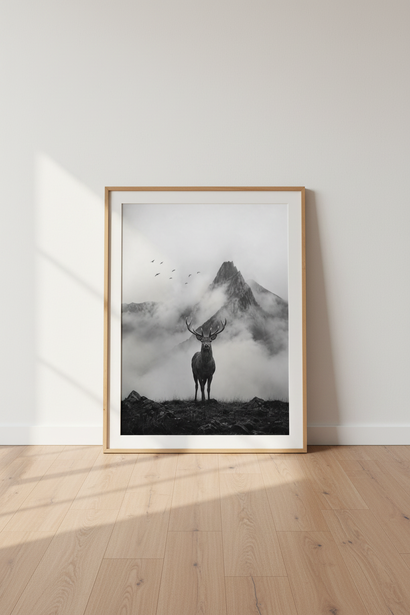 Nature Deer Wall Art Print | Black and White Mountain Poster, Cabin Decor