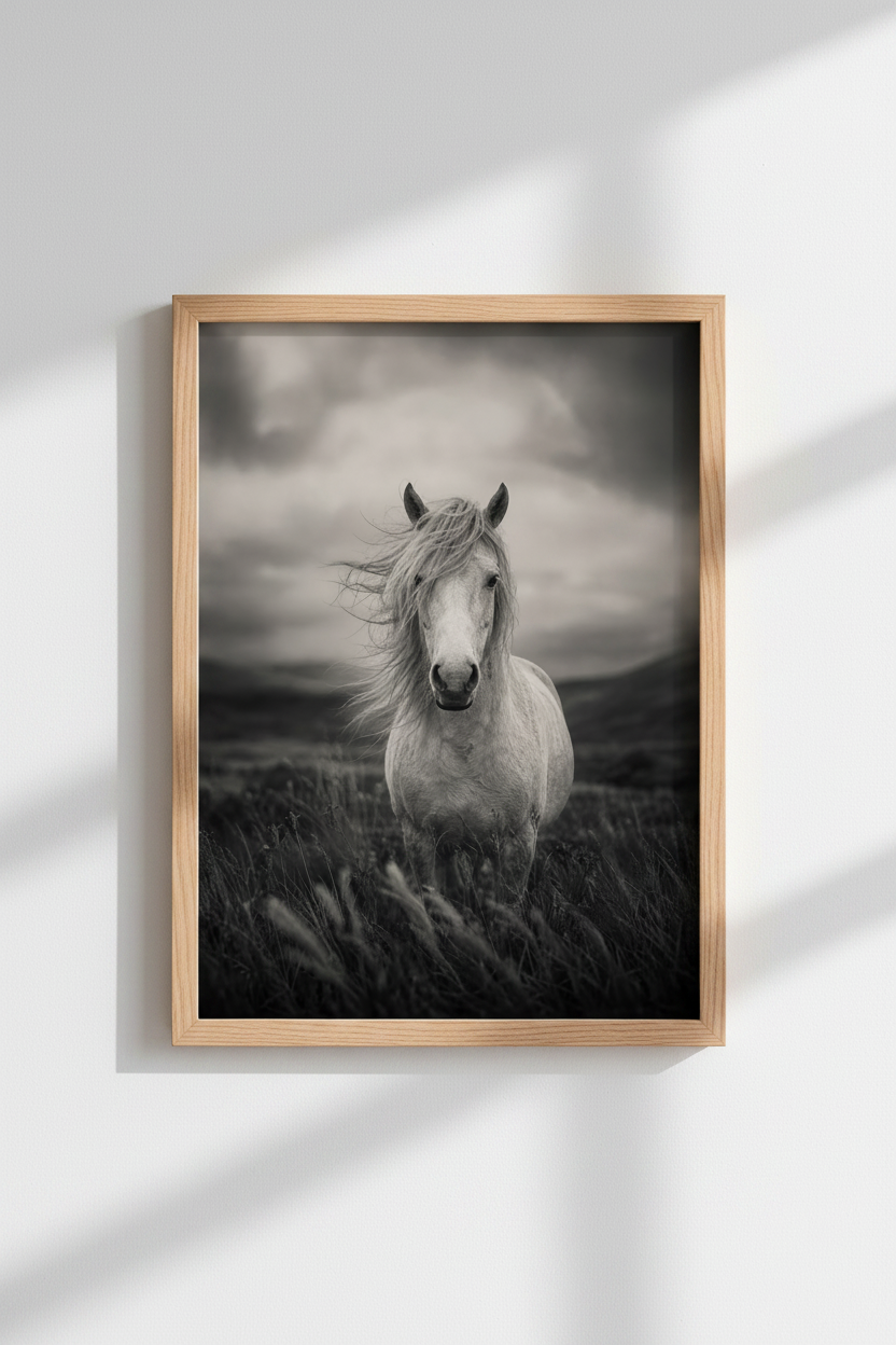 Horse Photography Print | Moody Wild Horse Poster, Monochrome Farmhouse Wall Art