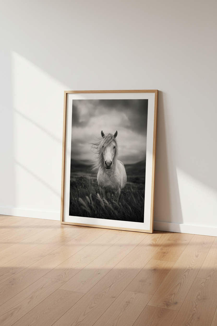 Horse Photography Print | Moody Wild Horse Poster, Monochrome Farmhouse Wall Art