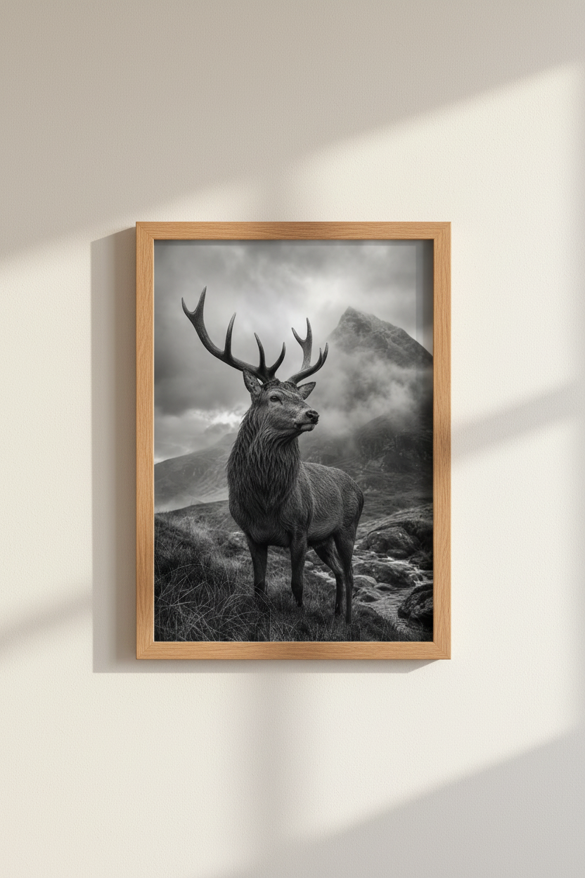 Stag Wildlife Print | Black and White Nature Photography, Rustic Cabin Wall Art